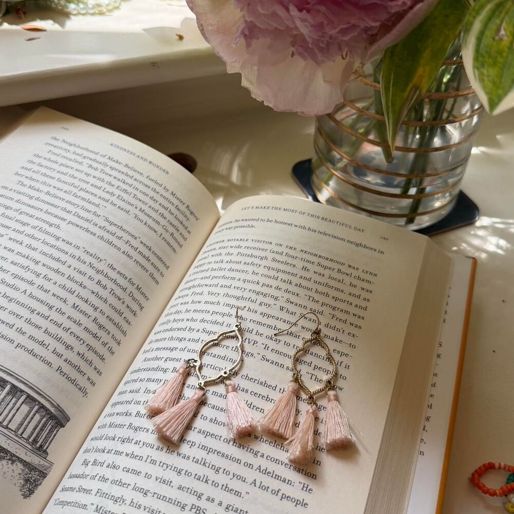 Pink tassel earrings with gold accents